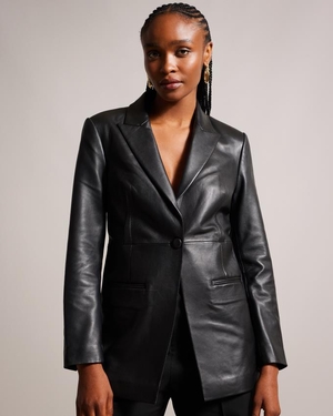 Blazer Ted Baker Longline Single Breasted Leather Noir Femme | OPN-66949196